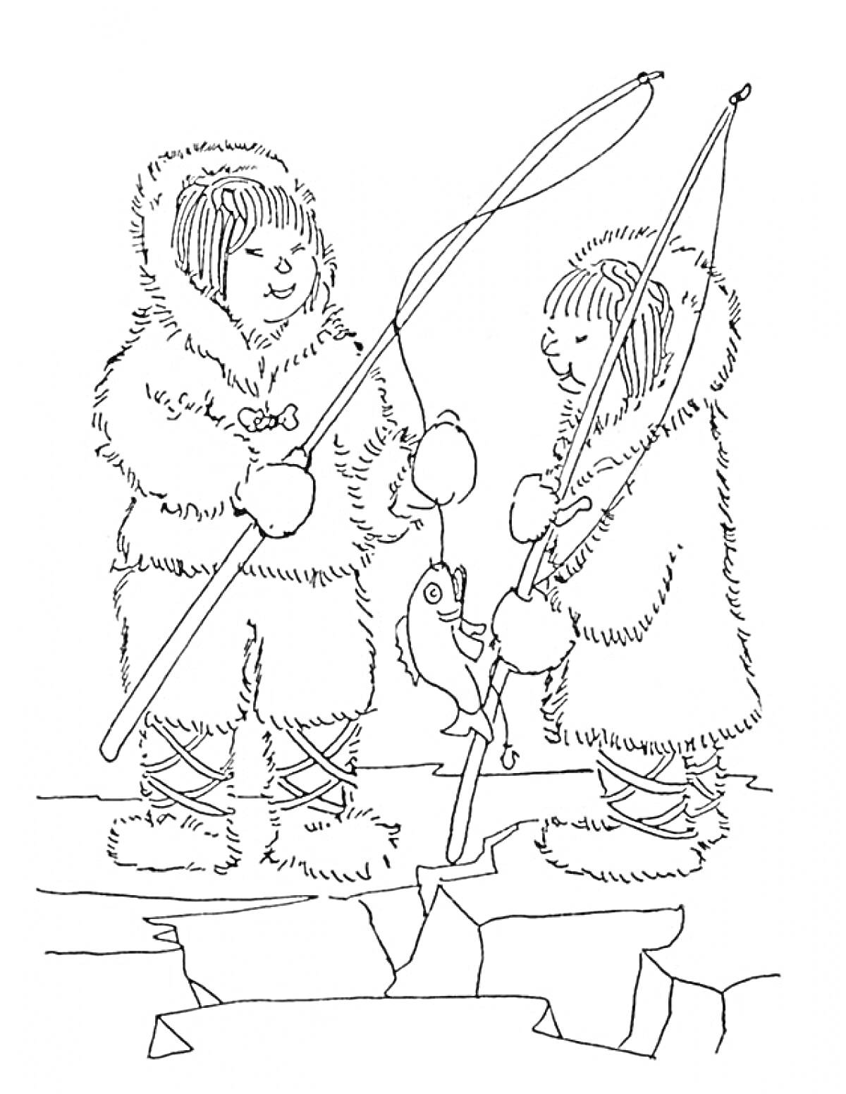 Раскраска Эскимосы, рыбалка на льду, удочки, пойманная рыба, дети в зимней одежде