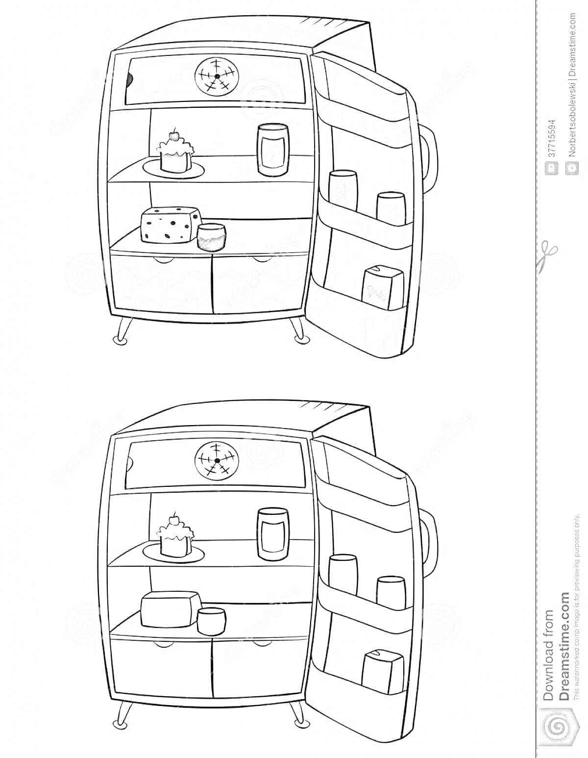 Раскраска Две сцены с пустыми и полупустыми холодильниками, каждый с полками и дверьми, включающими банки, коробки и бутерброды