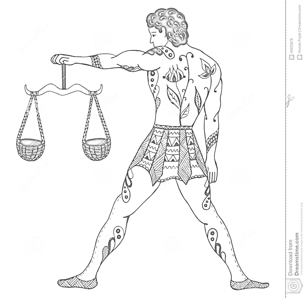 Раскраска Человек с длинными волосами и рисунками на теле, удерживает зодиакальные весы в вытянутой руке