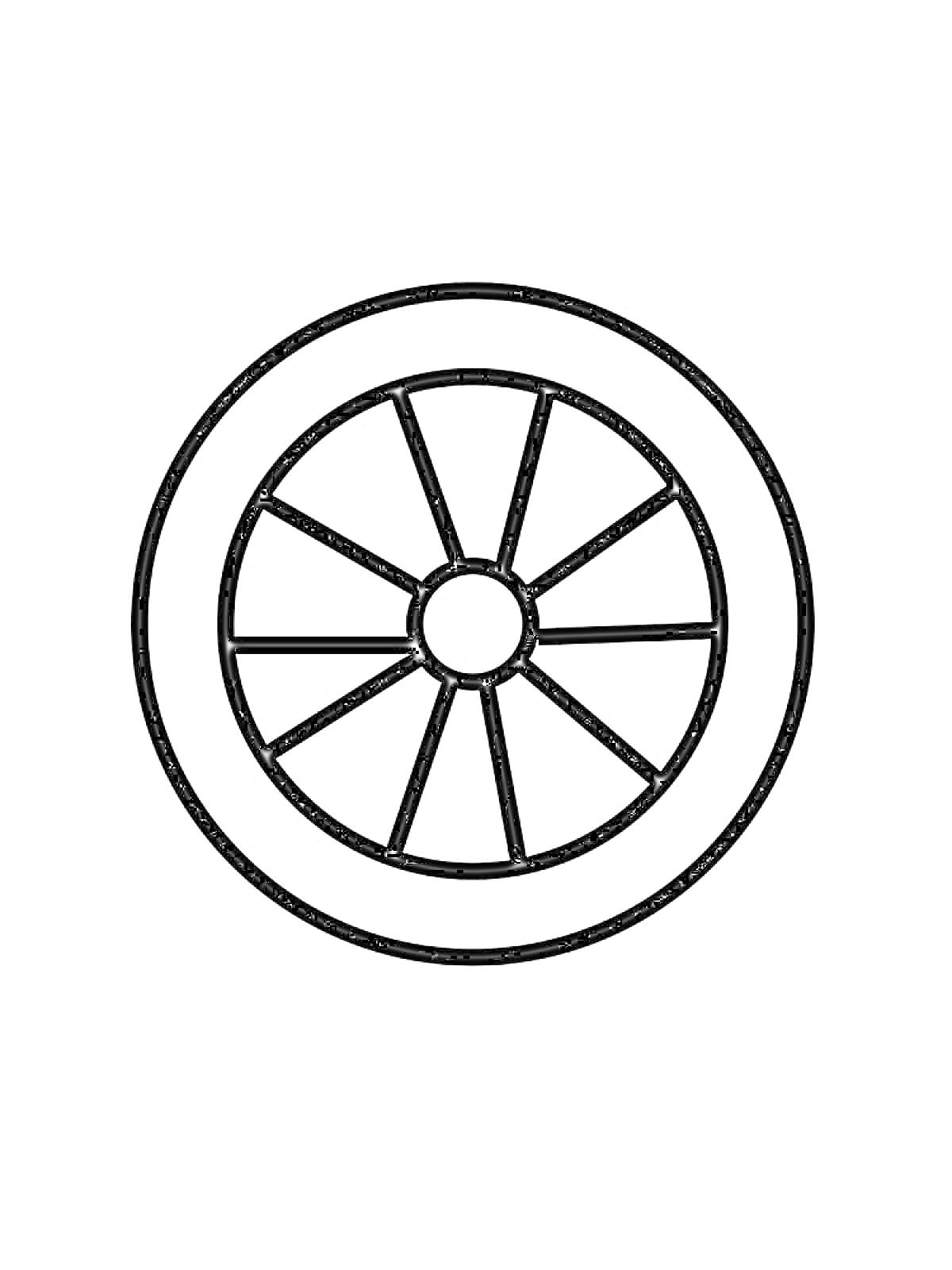 Раскраска Колесо с восемью спицами, окруженное шиной