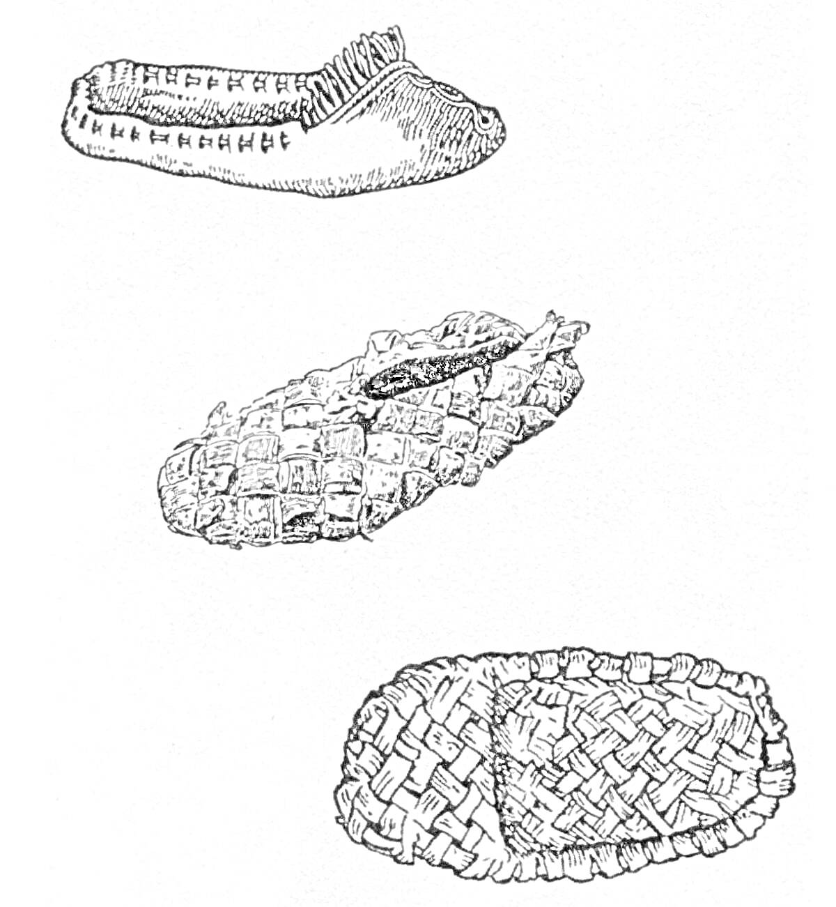 На раскраске изображено: Лапти, Традиционная обувь, Плетение