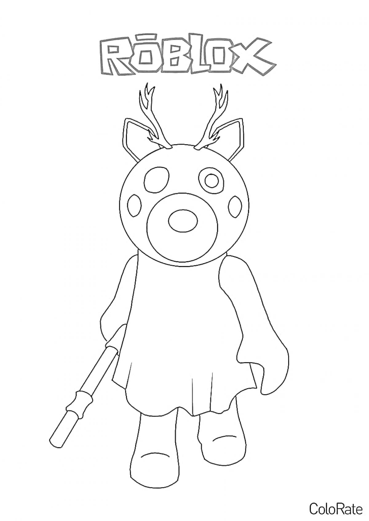 Раскраска Рисунок персонажа с головой свиньи с рогами в платье, держащего дубинку, и логотипом 