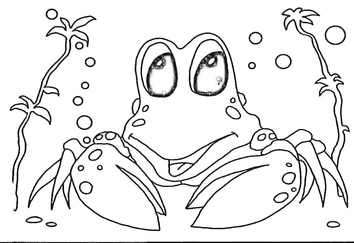 На раскраске изображено: Краб, Водоросли, Пузыри, Море