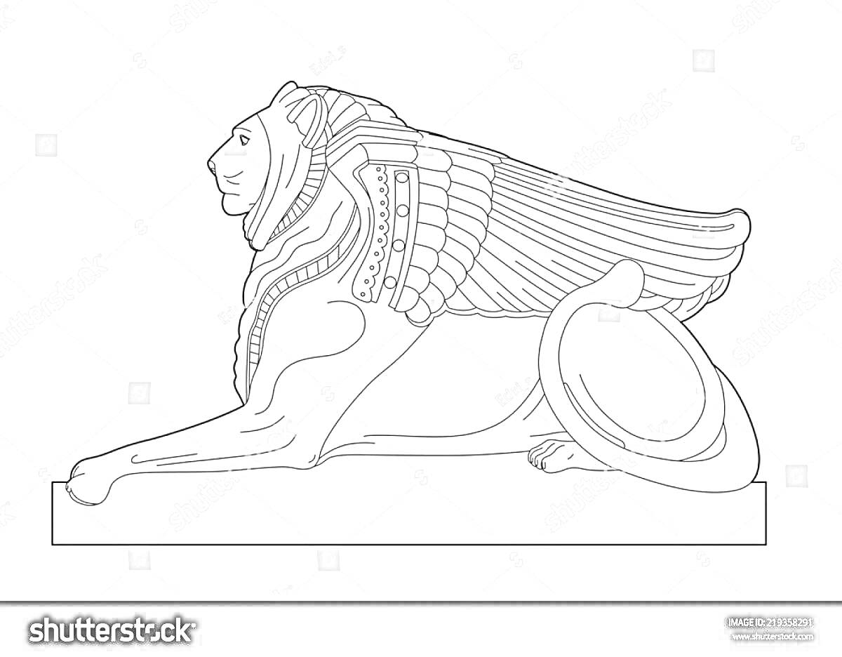 На раскраске изображено: Сфинкс, Египет, Лев, Крылья, Античность, Мифические существа