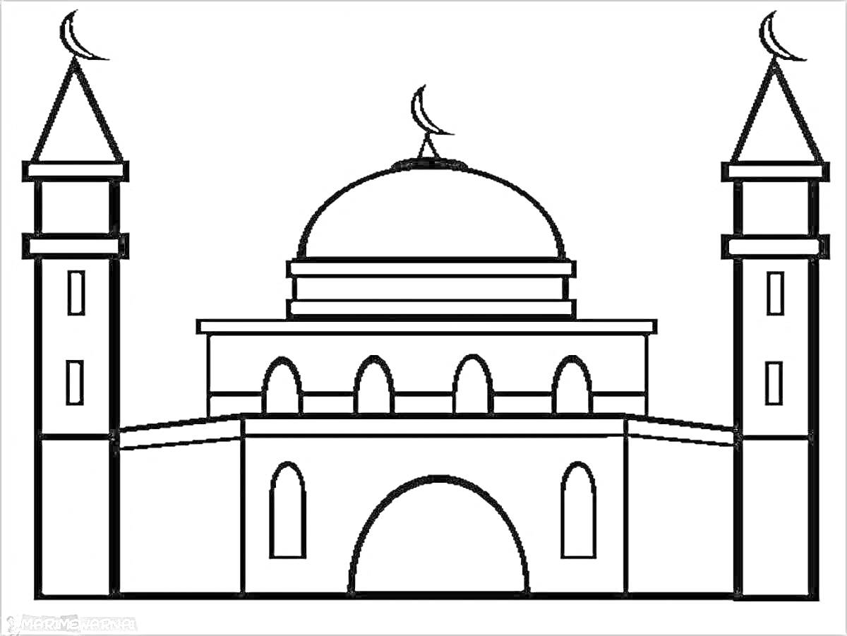 Мечеть с двумя минаретами, куполом с полумесяцем и арками