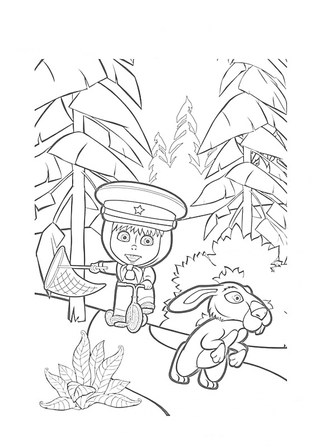 Раскраска Маша в шапке-ушанке с сеткой и кролик в лесу