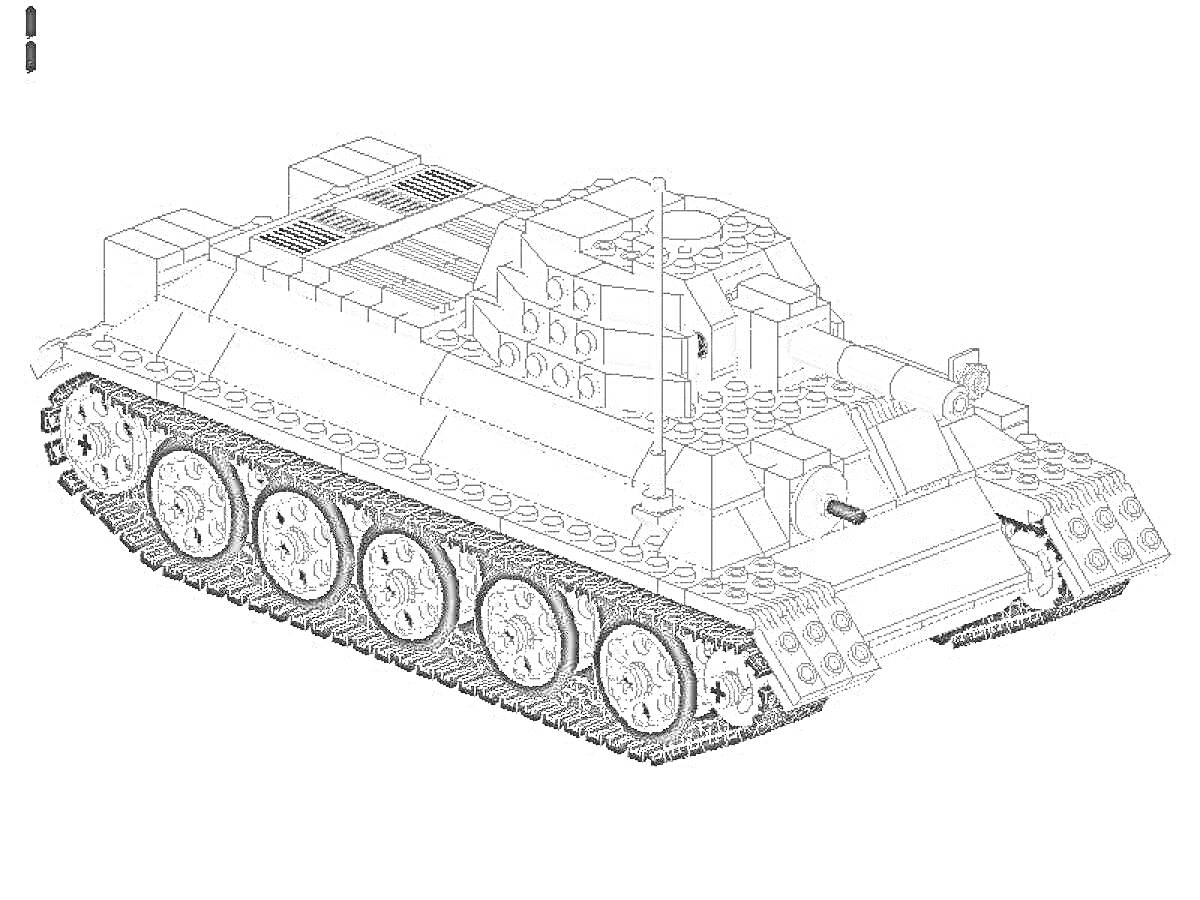 Раскраска Лего танк с шестью колесами, гусеницами и пушкой