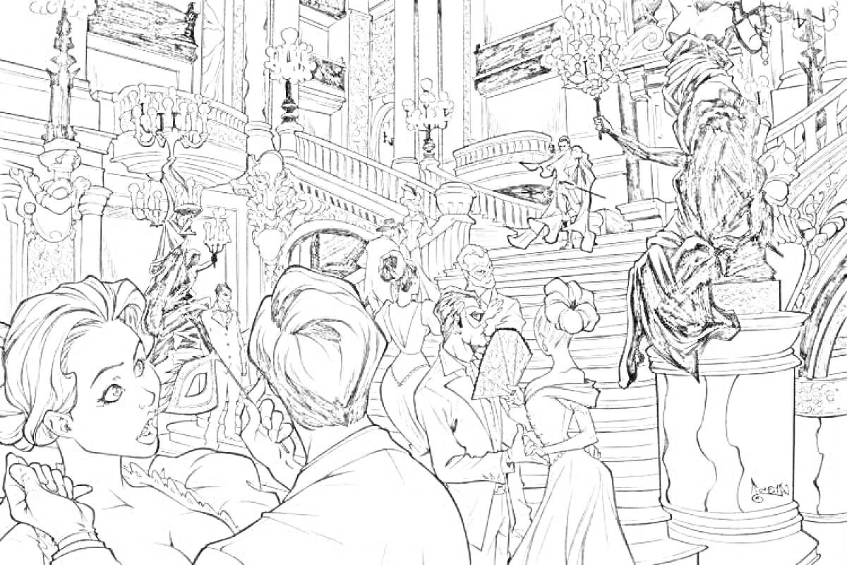 Раскраска Маскарад в замке: люди в масках, танцующая пара, величественная лестница, статуя в черном плаще, высокий потолок с люстрой