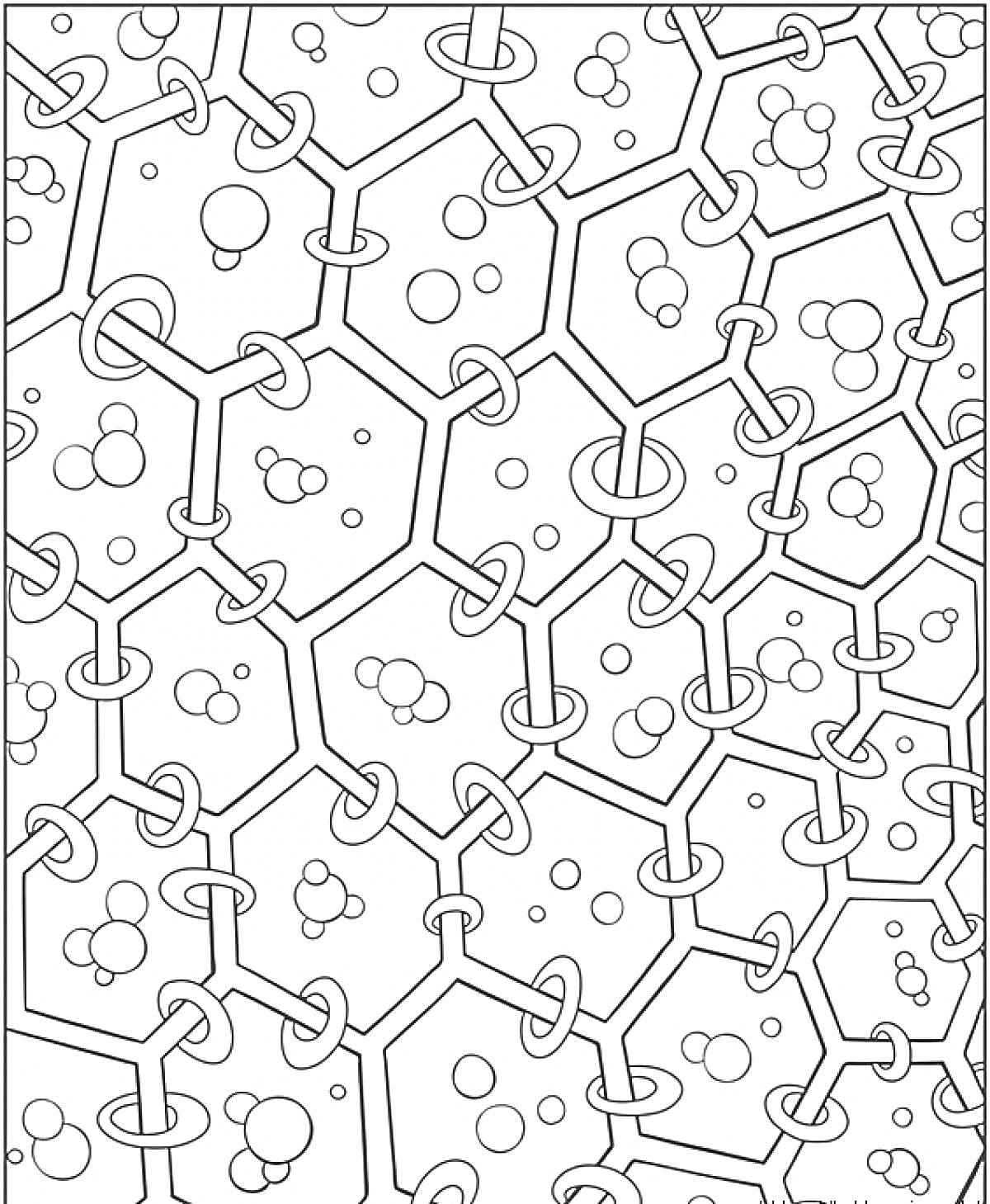 Раскраска Узоры с шестиугольниками, кольцами и пузырьками