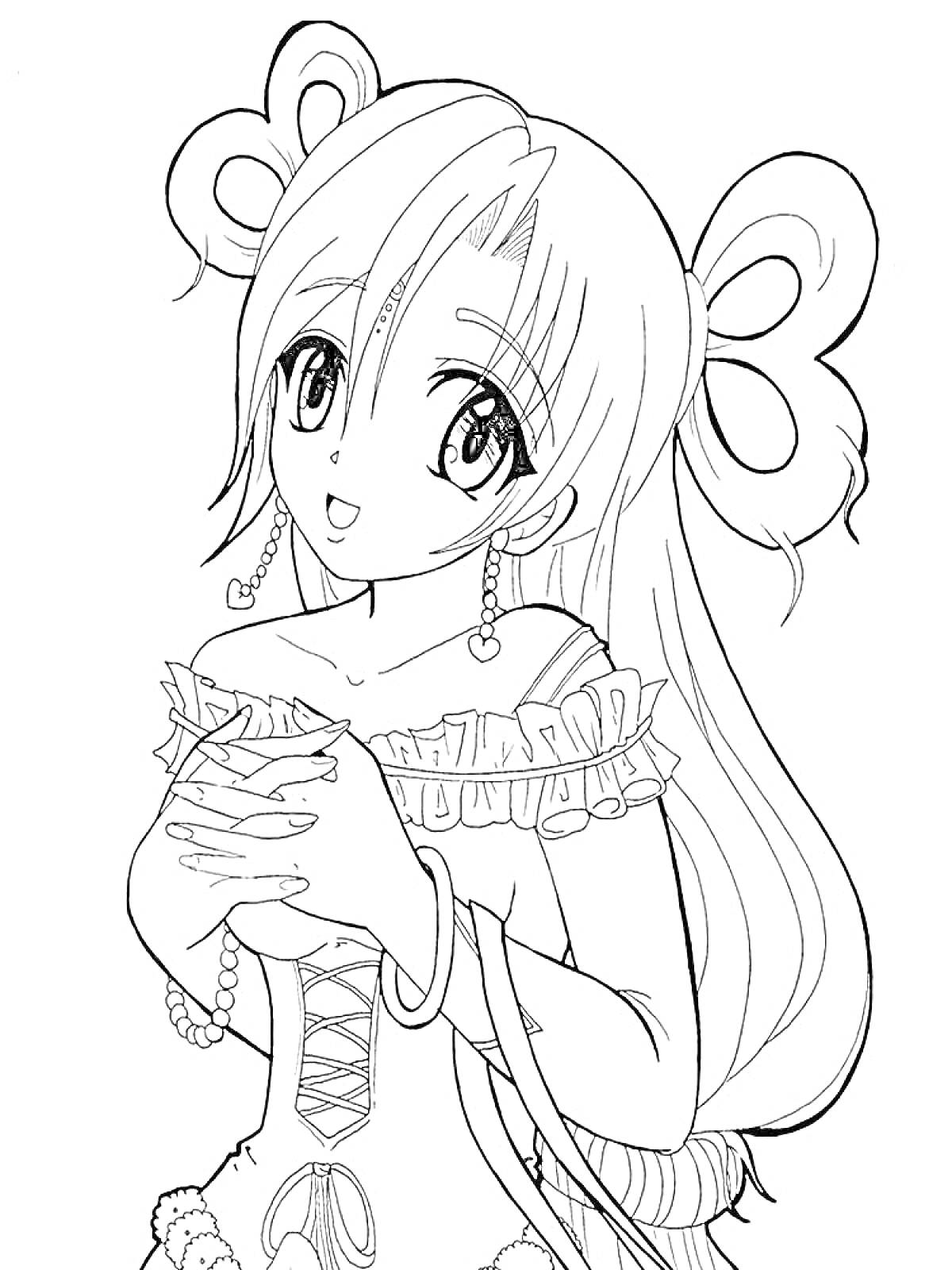 Девушка-аниме с длинными волосами и большими бантами, в платье с оборками, украшенная ягодами, с серёжками в виде сердец и браслетами, держащая чашку