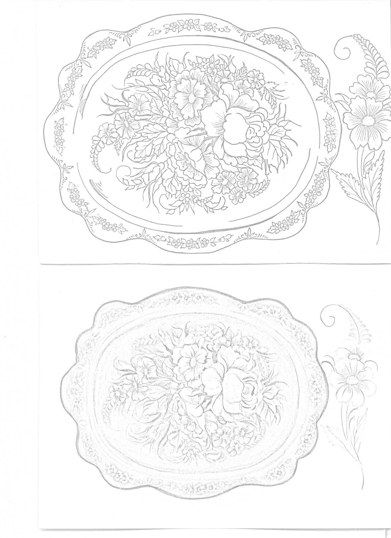 Раскраска Жостовский поднос с цветочным узором, две большие розы, букет мелких цветов, ажурная кайма, отдельный цветок с листочками