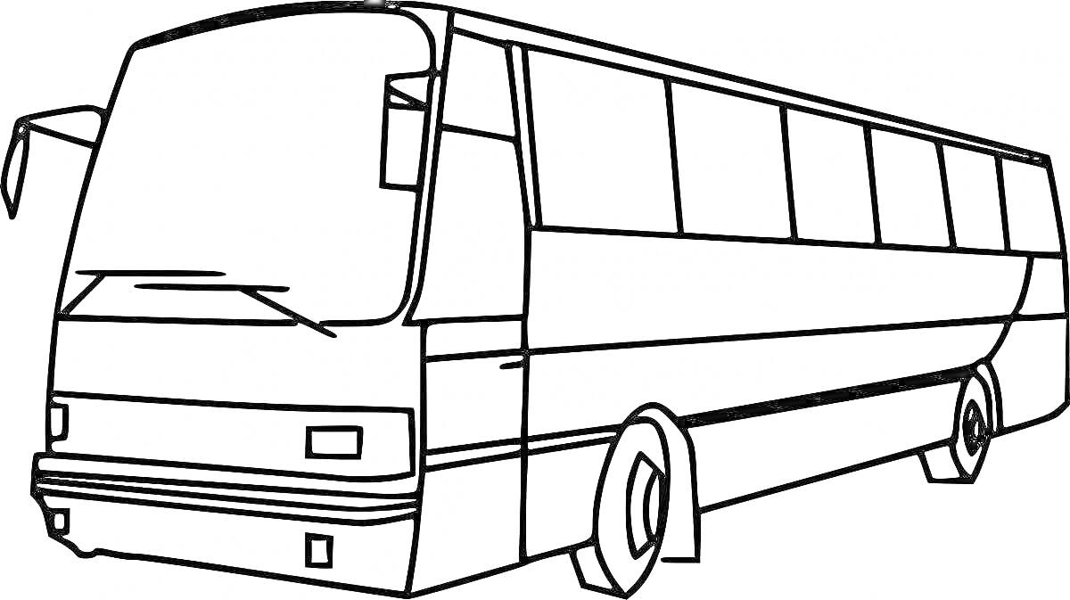 На раскраске изображено: Автобус, Транспорт, Окна, Колеса, Дверь
