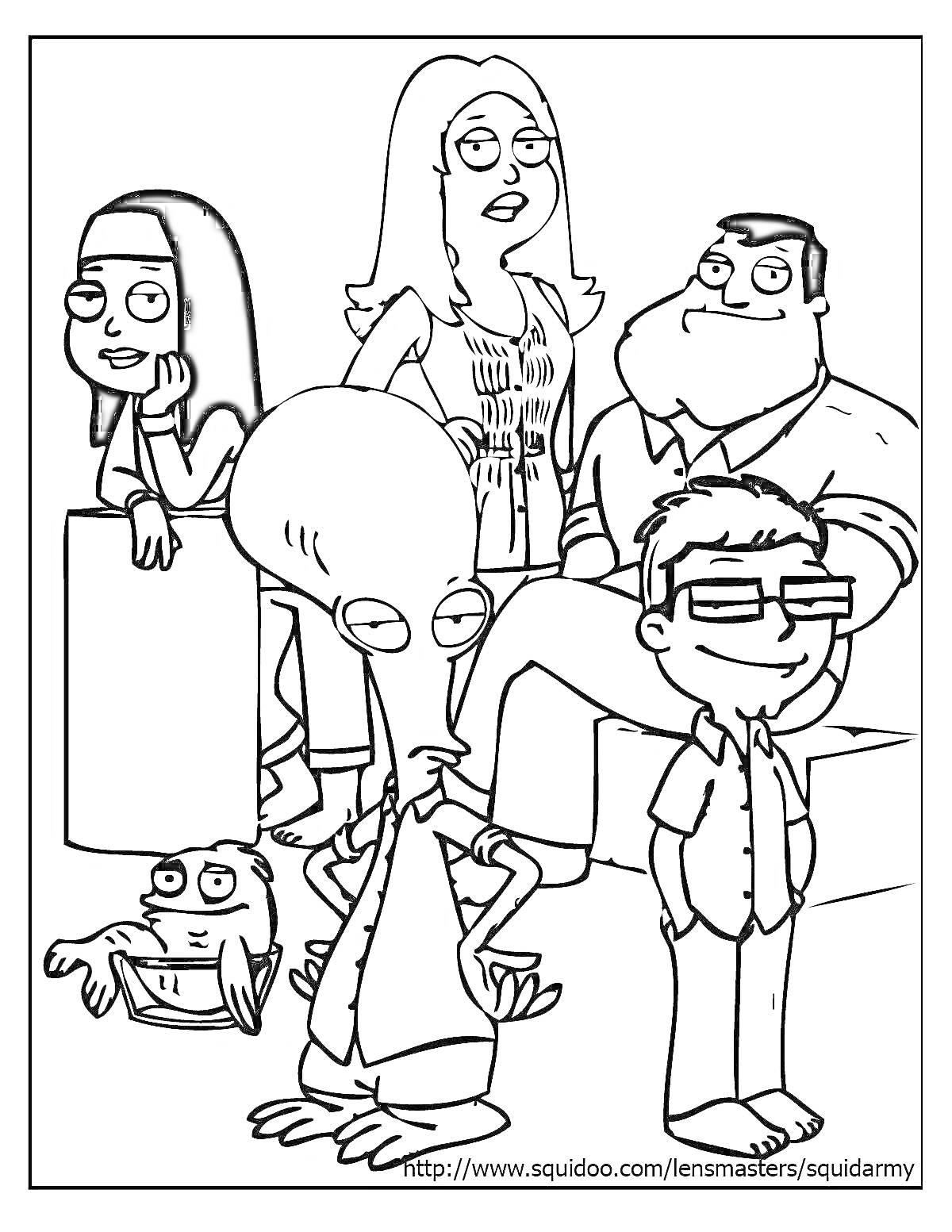 Раскраска American Dad - персонажи (мужчина в очках, инопланетянин, женщина с длинными волосами, женщина с короткими волосами, мужчина с бородой, золотая рыбка в аквариуме)