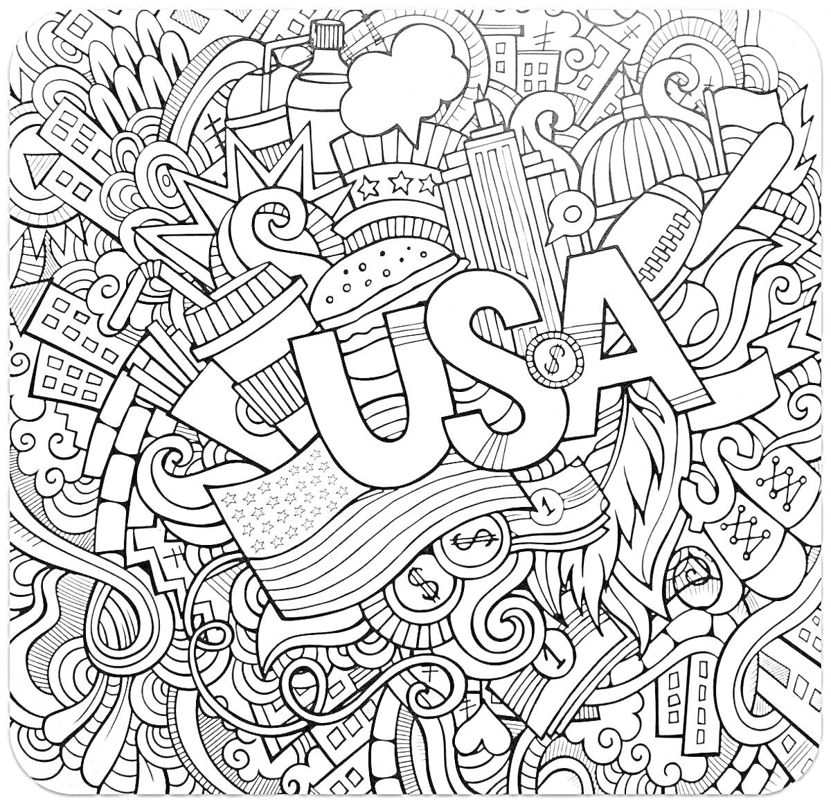 Раскраска USA - городские здания, Статуя Свободы, фейерверки, бургер, бейсбольная бита, американский флаг, перо, облака, звезды