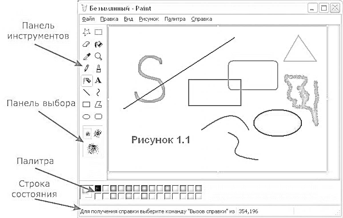 На раскраске изображено: MS Paint, Инструмент, Интерфейс, Панель инструментов, Палитра, Графика, Эффекты