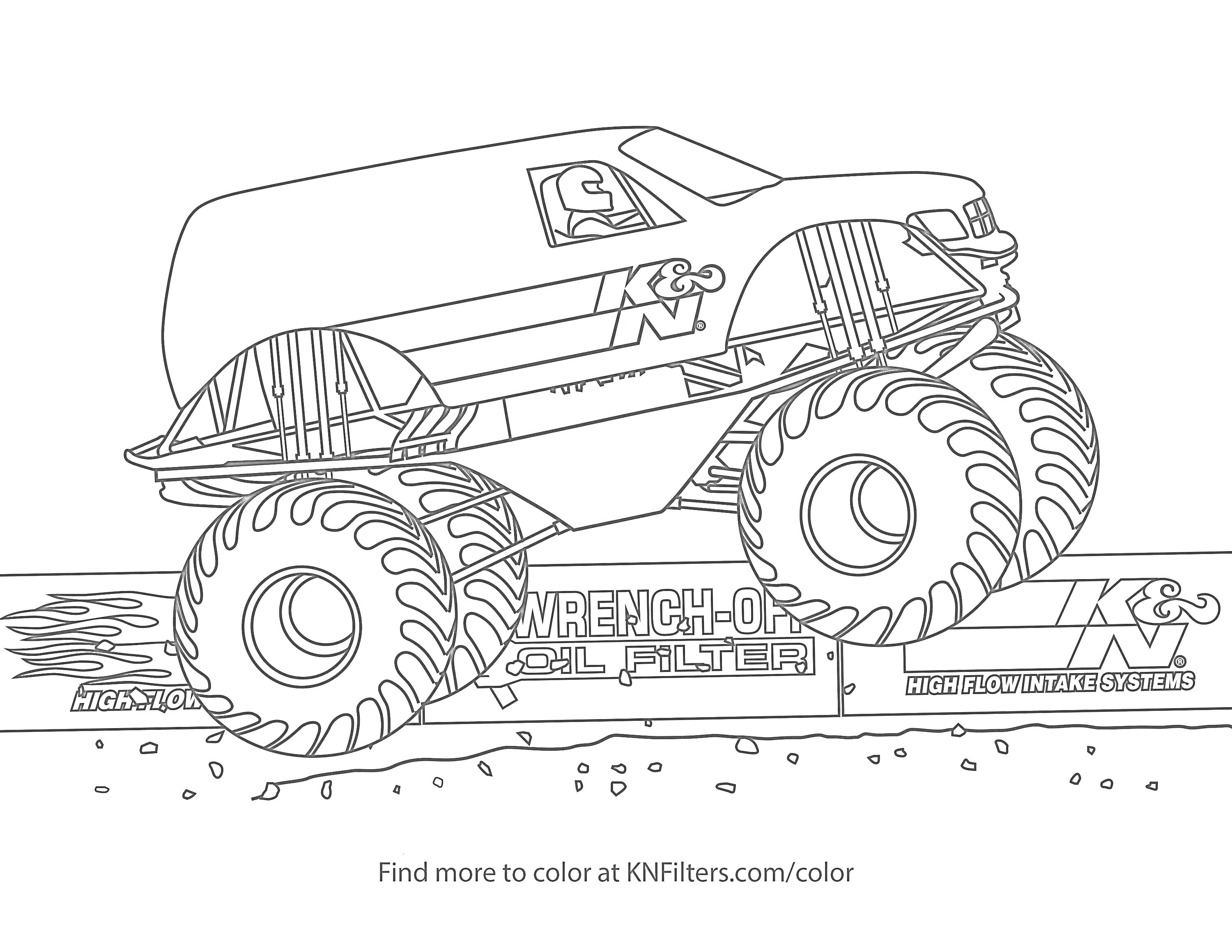 На раскраске изображено: Большие колеса, K&N, Грязь