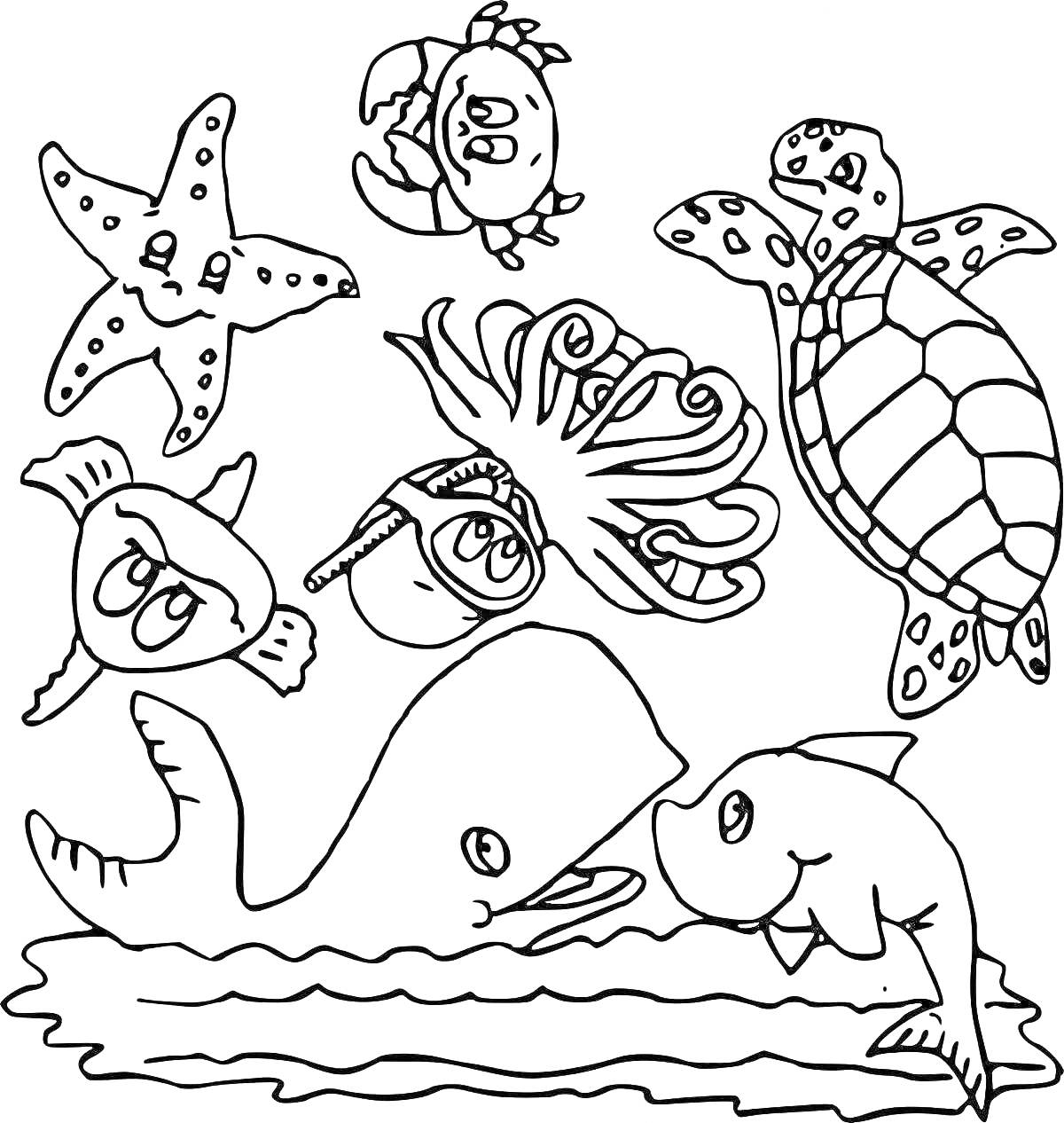 На раскраске изображено: Животные, Черепаха, Скат, Краб