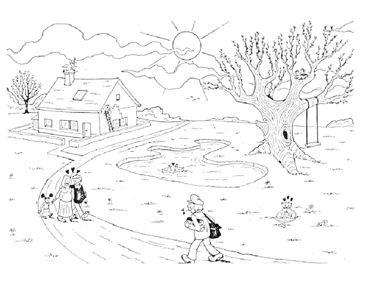 Раскраска Деревенская весна с домом, старым деревом, прудом, людьми и животными на тропинке