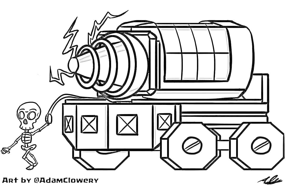Раскраска Скелет и большая пушка с электрическим зарядом на платформе колесного транспортного средства.