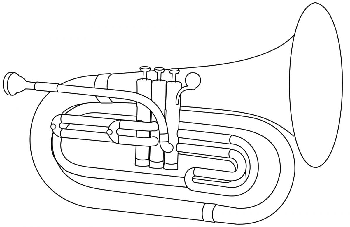 На раскраске изображено: Труба, Валторна, Вентиль, Музыкальные инструменты