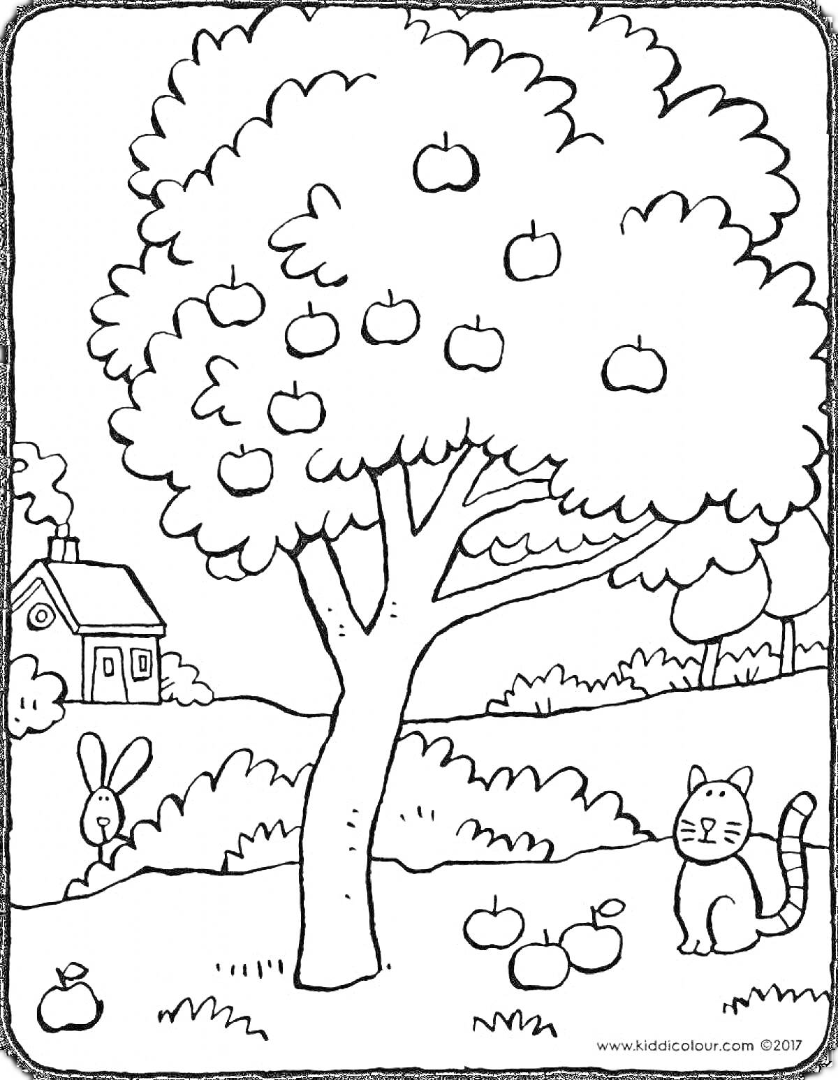 На раскраске изображено: Яблоня, Сад, Дом, Кролик, Кот, Природа, Деревья, Плоды, Животные