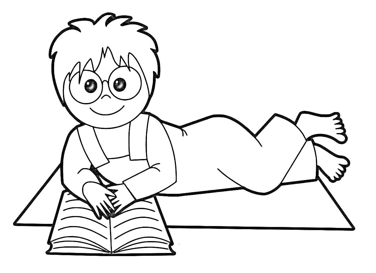 На раскраске изображено: Мальчик, Чтение, Книга, Очки, Для детей, Ковер, Лежит