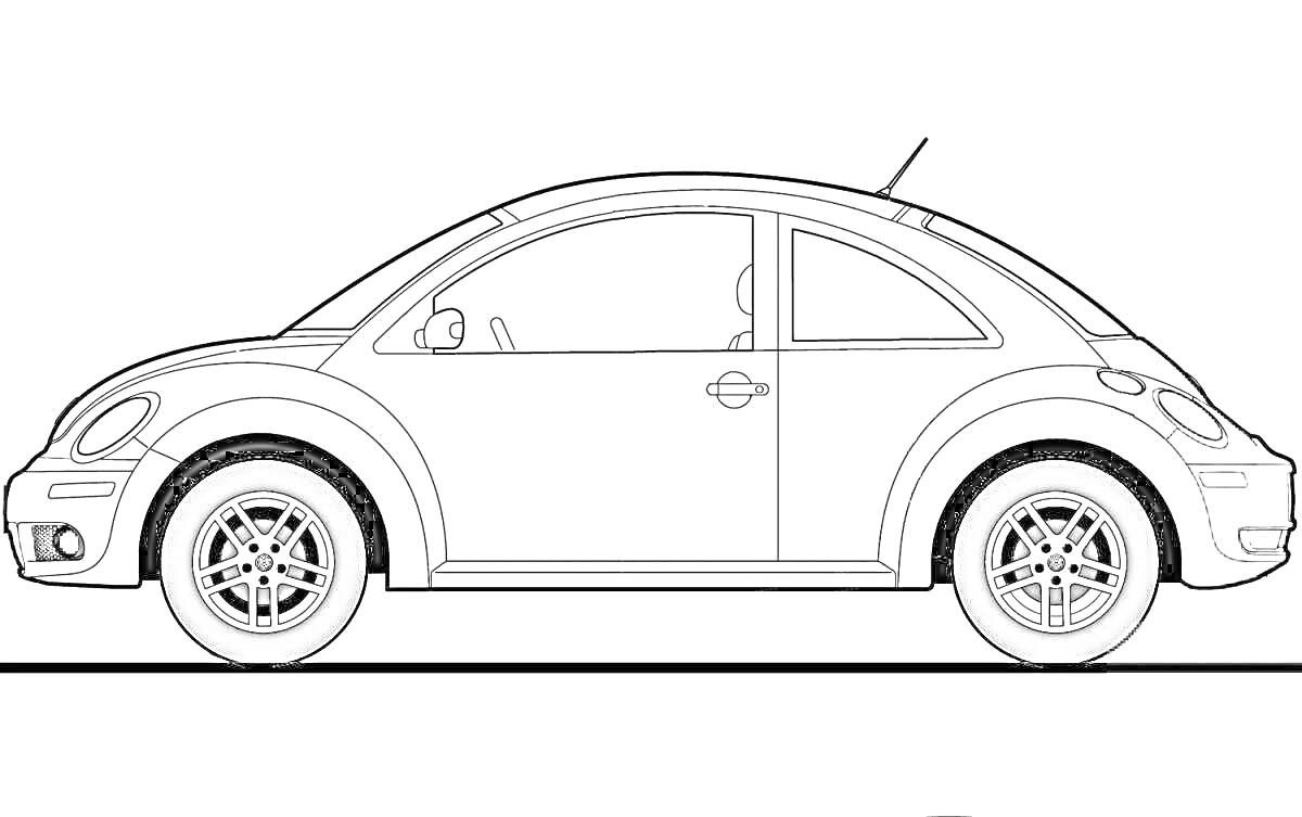 Раскраска Контур автомобиля с деталями кузова, колесами и антеной
