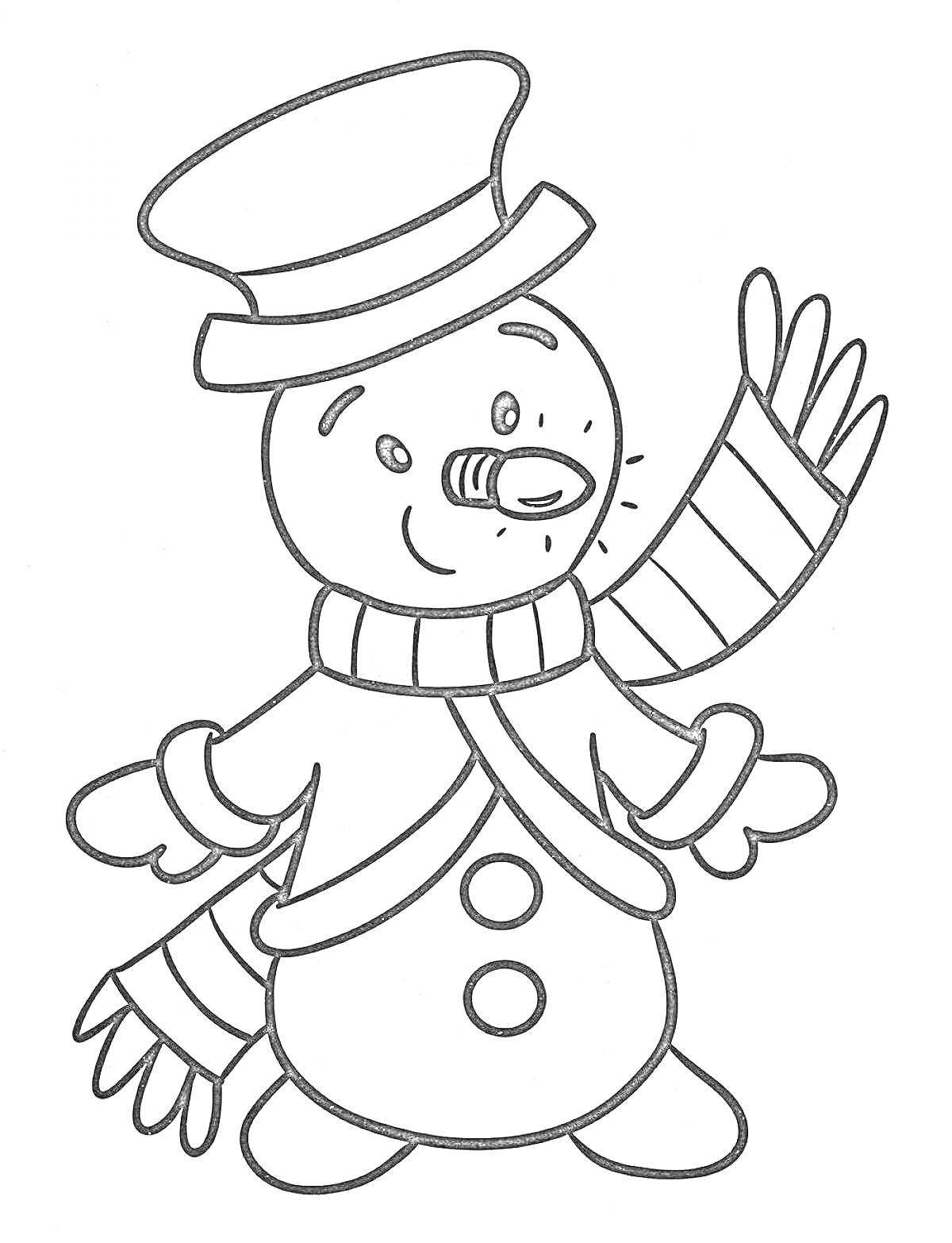 Раскраска Снеговик с шляпой, шарфом и морковкой вместо носа
