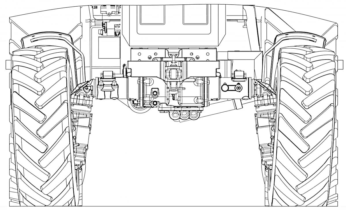 На раскраске изображено: Трактор, Вид снизу, Передние колеса, Ходовая часть, Механизмы, Сельскохозяйственная техника