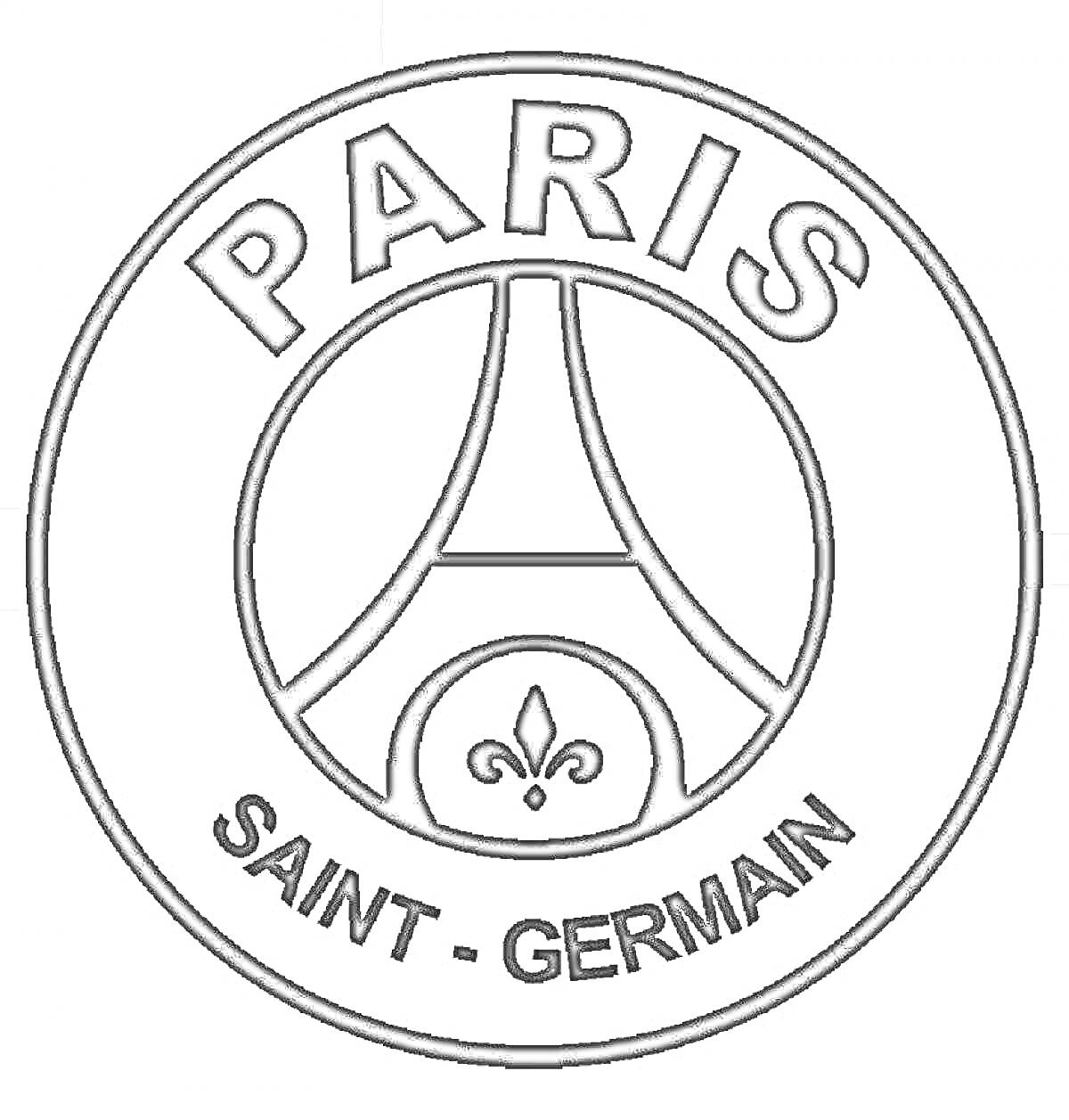 Раскраска Логотип ПСЖ (Paris Saint-Germain) с изображением Эйфелевой башни и флёр-де-лис