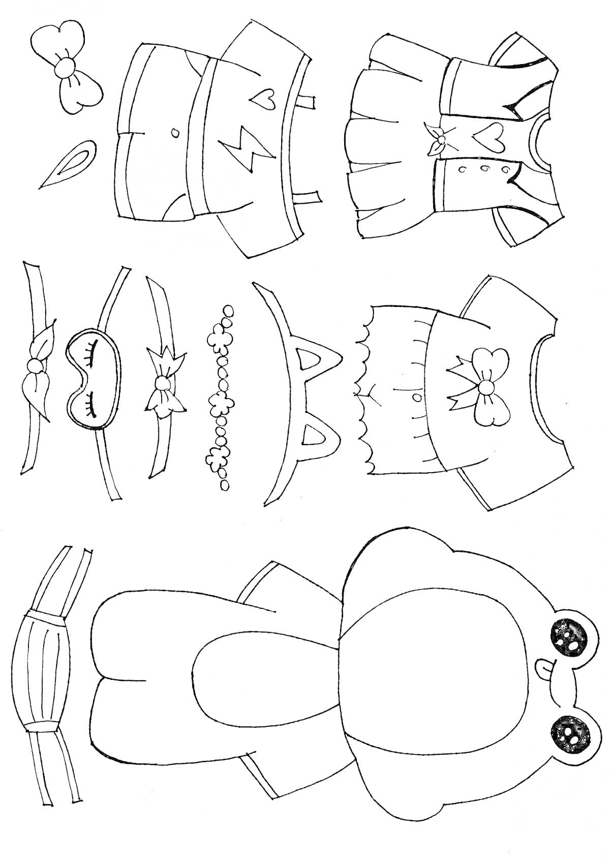 Раскраска Бумажная одежда для утки Лалафанфан - топ с молнией, платье с бантом, топ с бантом и юбкой, очки с бантом, ободок с ушками, очки-сердце, заколка с цветочками, юбка с бантом, пояс с бантом, заколка с бантом