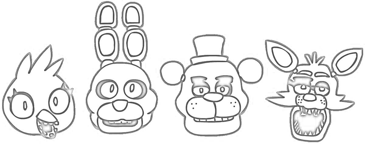 Раскраска Четыре головы аниматроников из FNaF 9 (Chica, Bonnie, Freddy, Foxy) на сером фоне