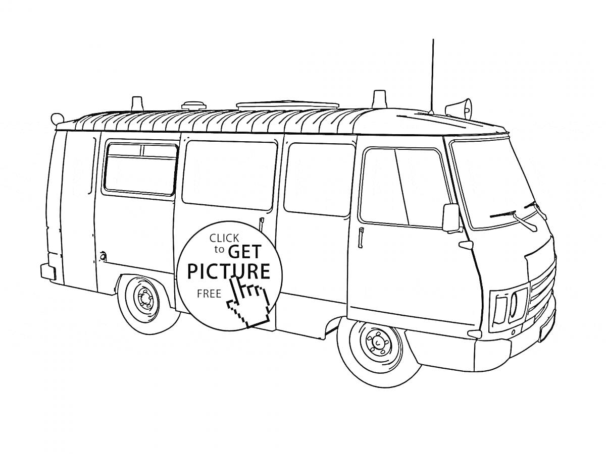 На раскраске изображено: Фургон, Газель, Транспорт, Дверь