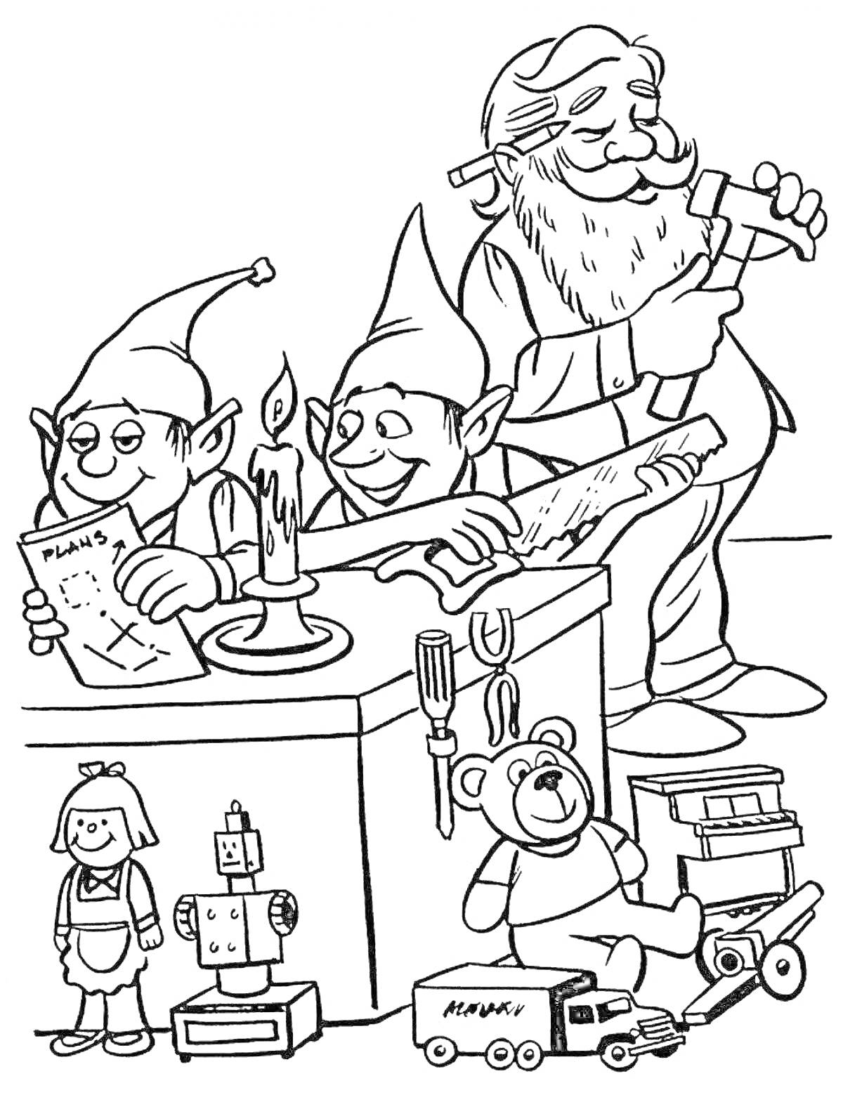 На раскраске изображено: Эльфы, Мастерская, Игрушки, Робот, Медведь, Праздники, Новый год
