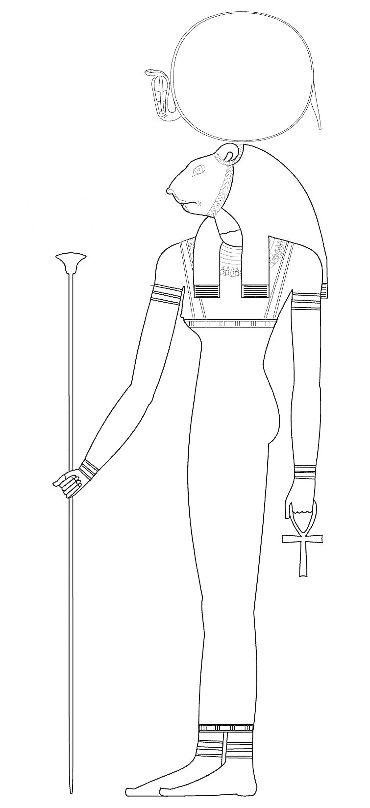 Раскраска Египетская богиня с головой львицы, солнечным диском, посохом и анкхом