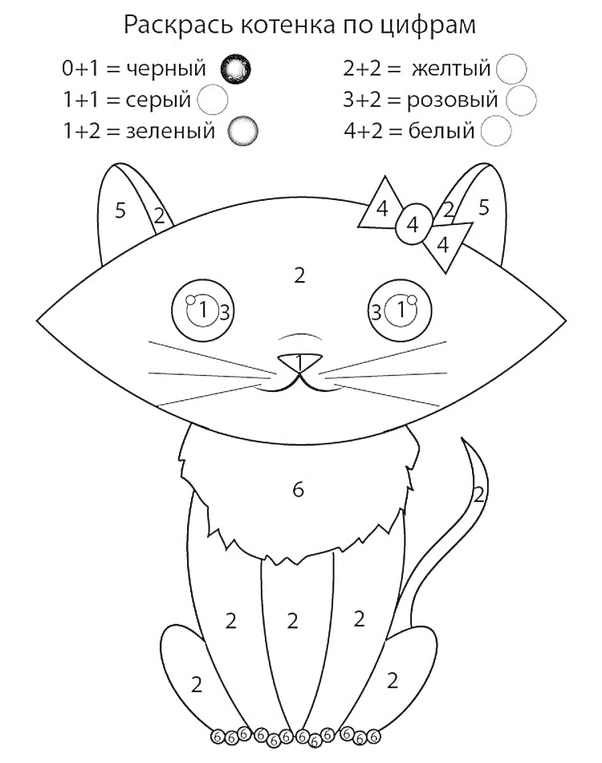 Раскраска раскраска по номерам кошка, цветовая схема, котенок с бантами, номера цветов