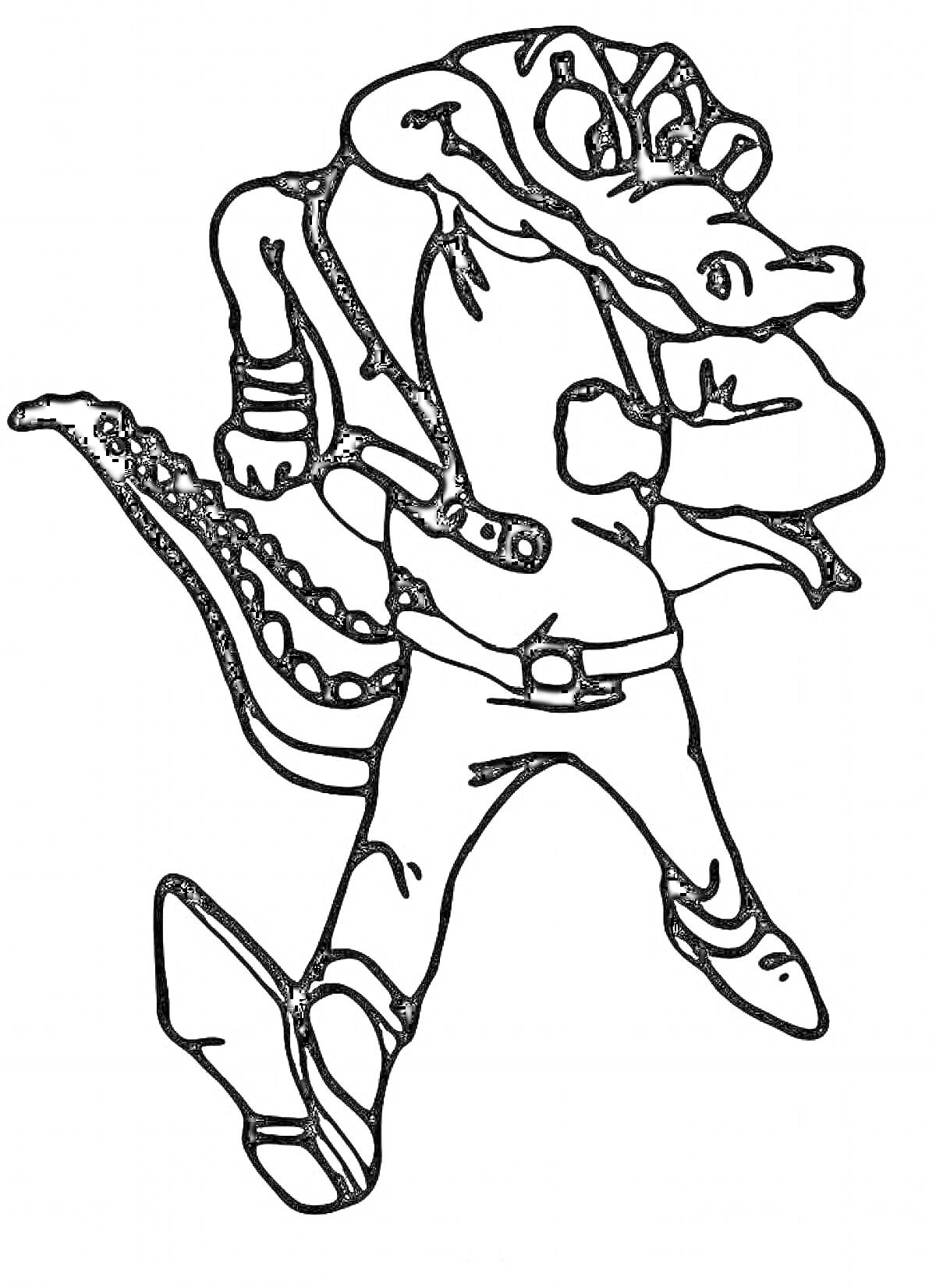 Раскраска Крокодил в кофте с шарфом и брюках с ремнем