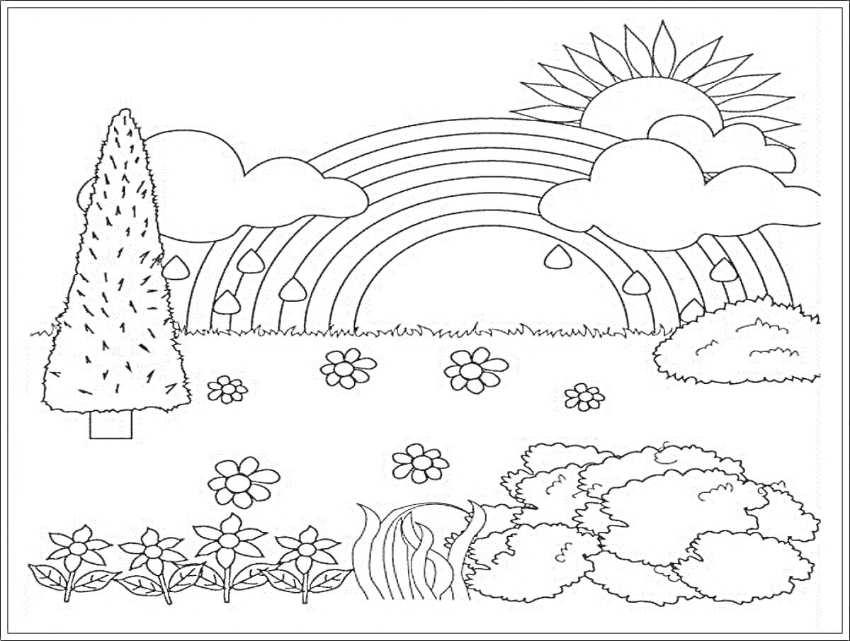 Раскраска Радуга на фоне солнца и облаков с деревьями, кустами и цветами
