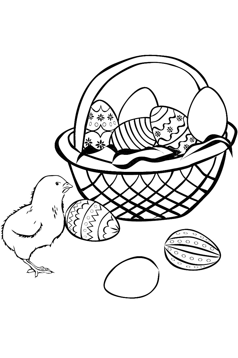 На раскраске изображено: Пасха, Яйца, Корзина, Цыплята