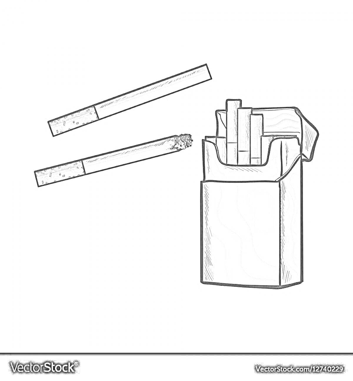 Раскраска Пачка сигарет с пятью сигаретами, одна из которых горит, и одна не подожжённая сигарета рядом