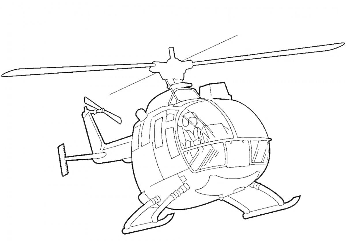 Раскраска Вертолет в полете с видимыми лопастями, окнами кабины и хвостовым винтом
