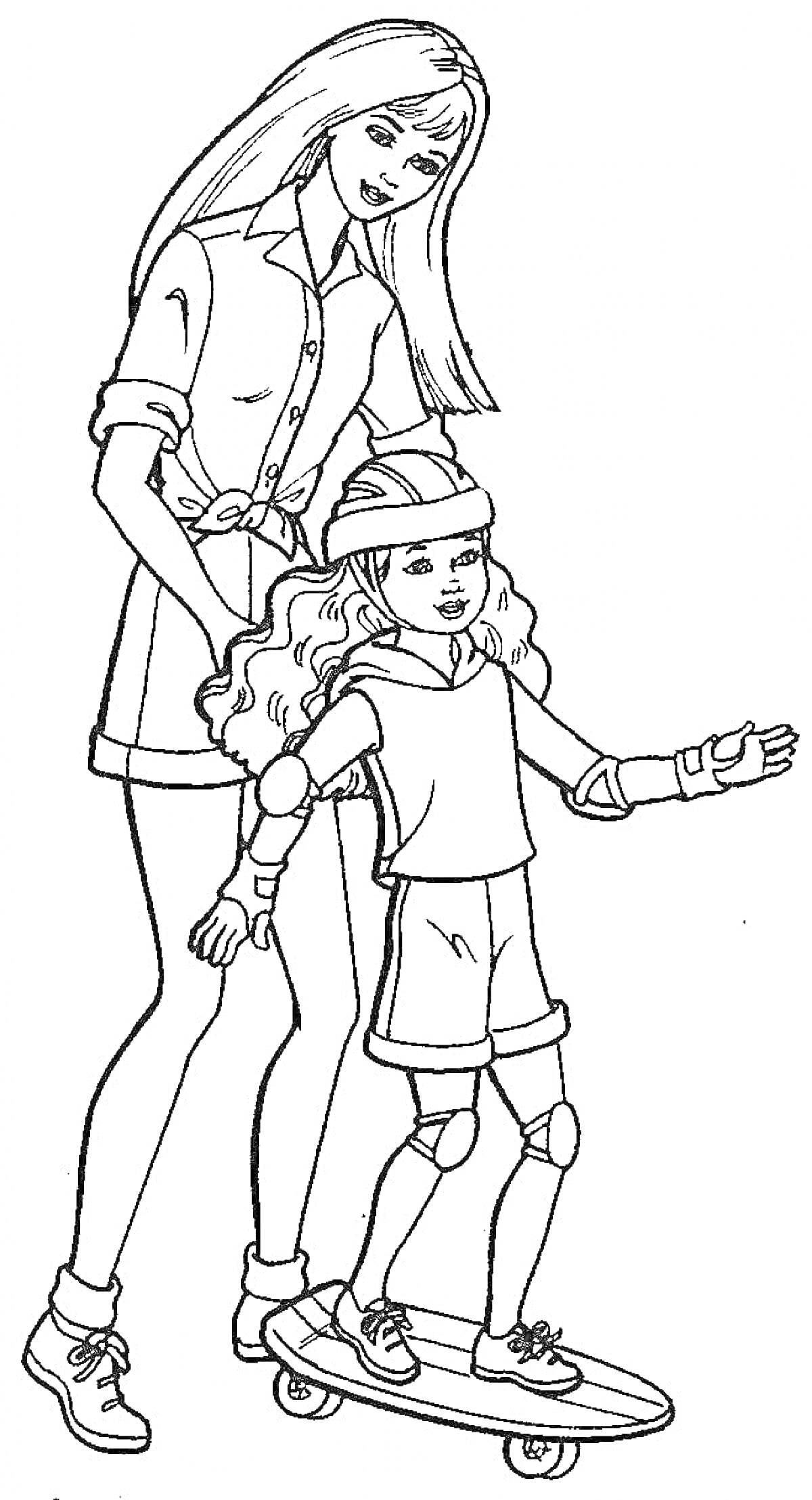 Раскраска Мама учит дочку кататься на скейтборде, держа за руку, все в защитной экипировке
