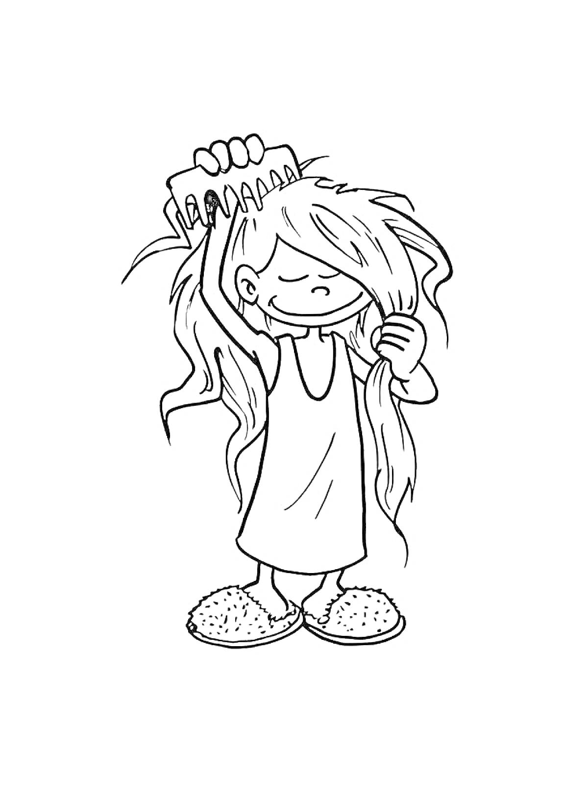 Раскраска Девочка расчёсывает волосы, в домашнем халате и тапочках