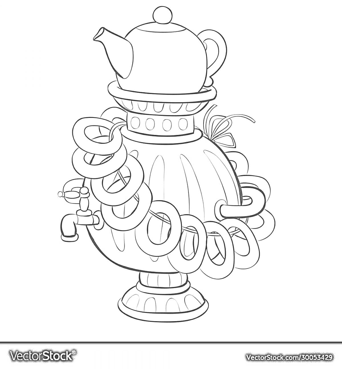 Раскраска Самовар с баранками и чайником