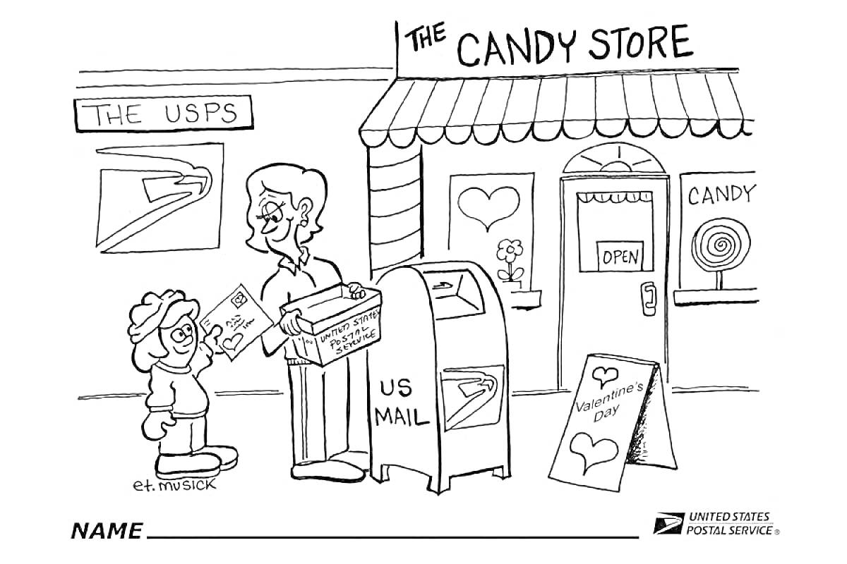Раскраска Человек и ребенок отправляют письма в почтовый ящик рядом с конфетным магазином