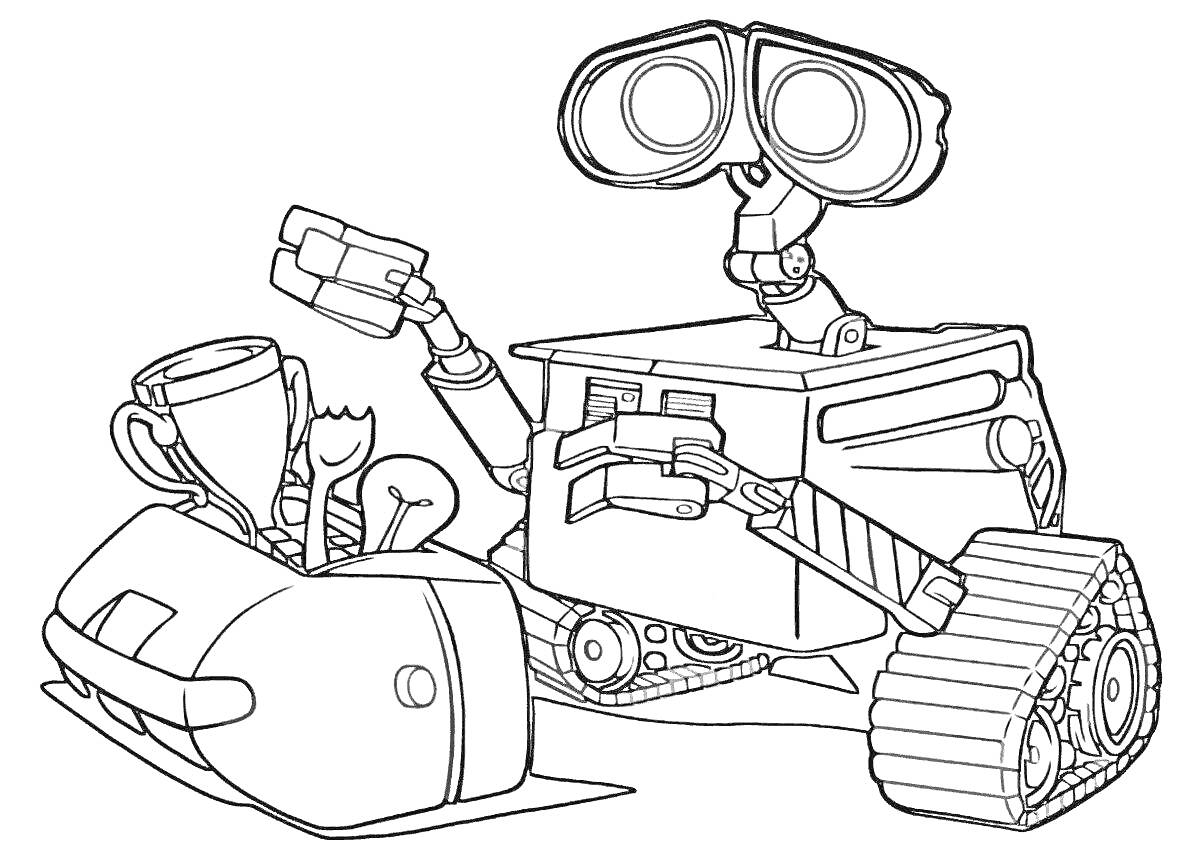 Раскраска робот Валли с мусорным ковшом, в котором находятся кубок и другие предметы