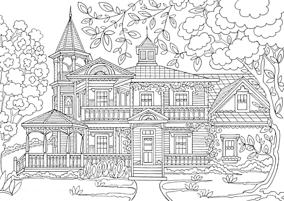 Раскраска Таинственный особняк с башенкой, верандой, лестницей, окнами, дверями и деревьями