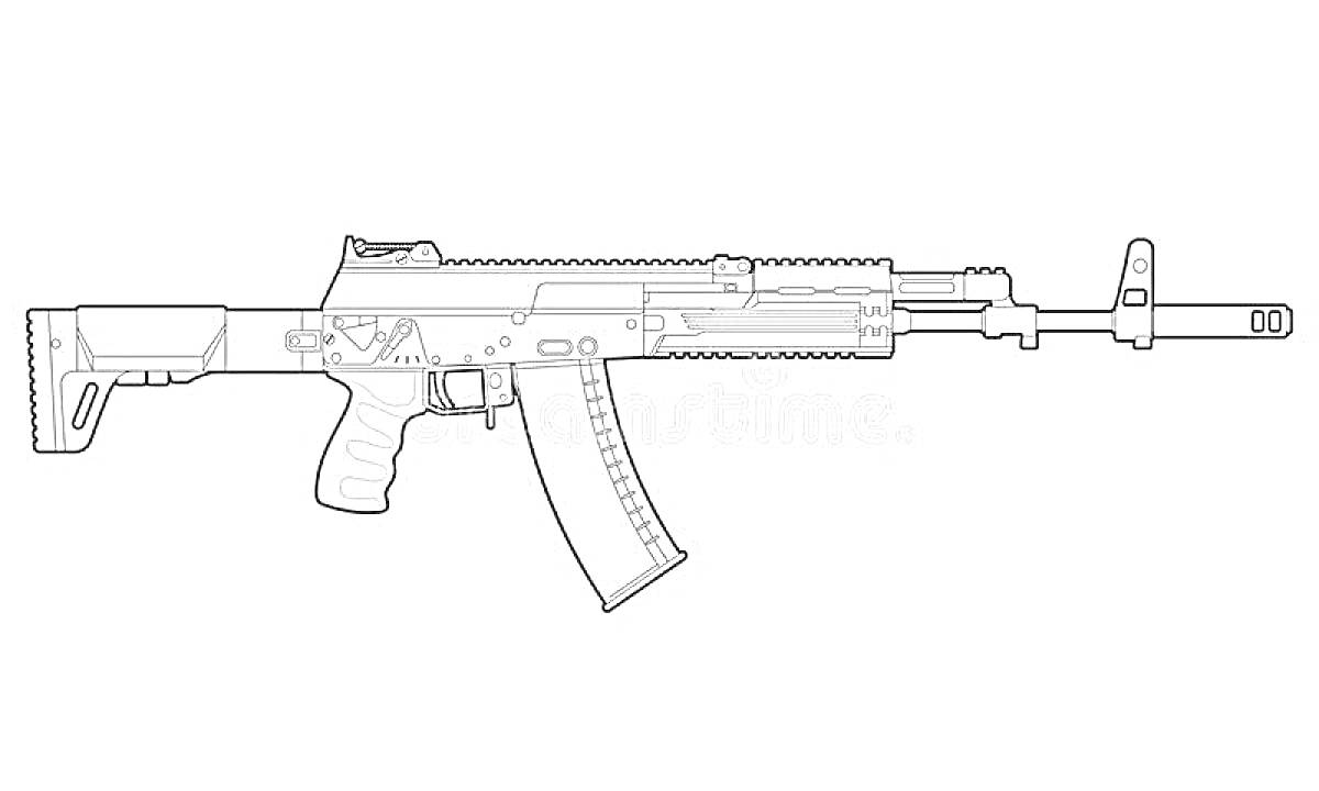 На раскраске изображено: АК-74, Автомат, Оружие, Складной приклад, Цевьё, Магазин