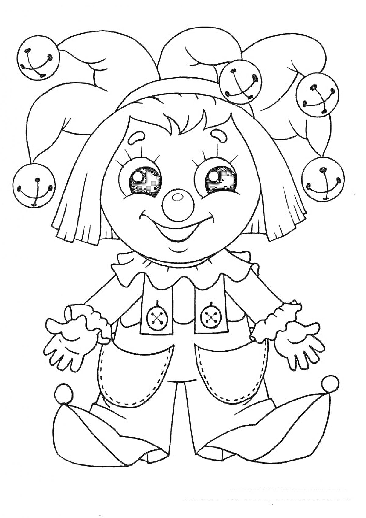 Раскраска Клоун в костюме с колпаком и бубенцами, с большими глазами и пуговицами на штанах