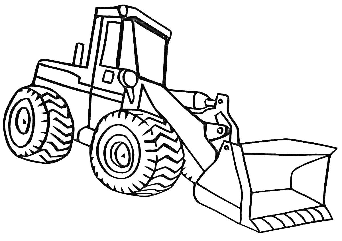 Раскраска Фронтальный погрузчик с ковшом и большими колёсами